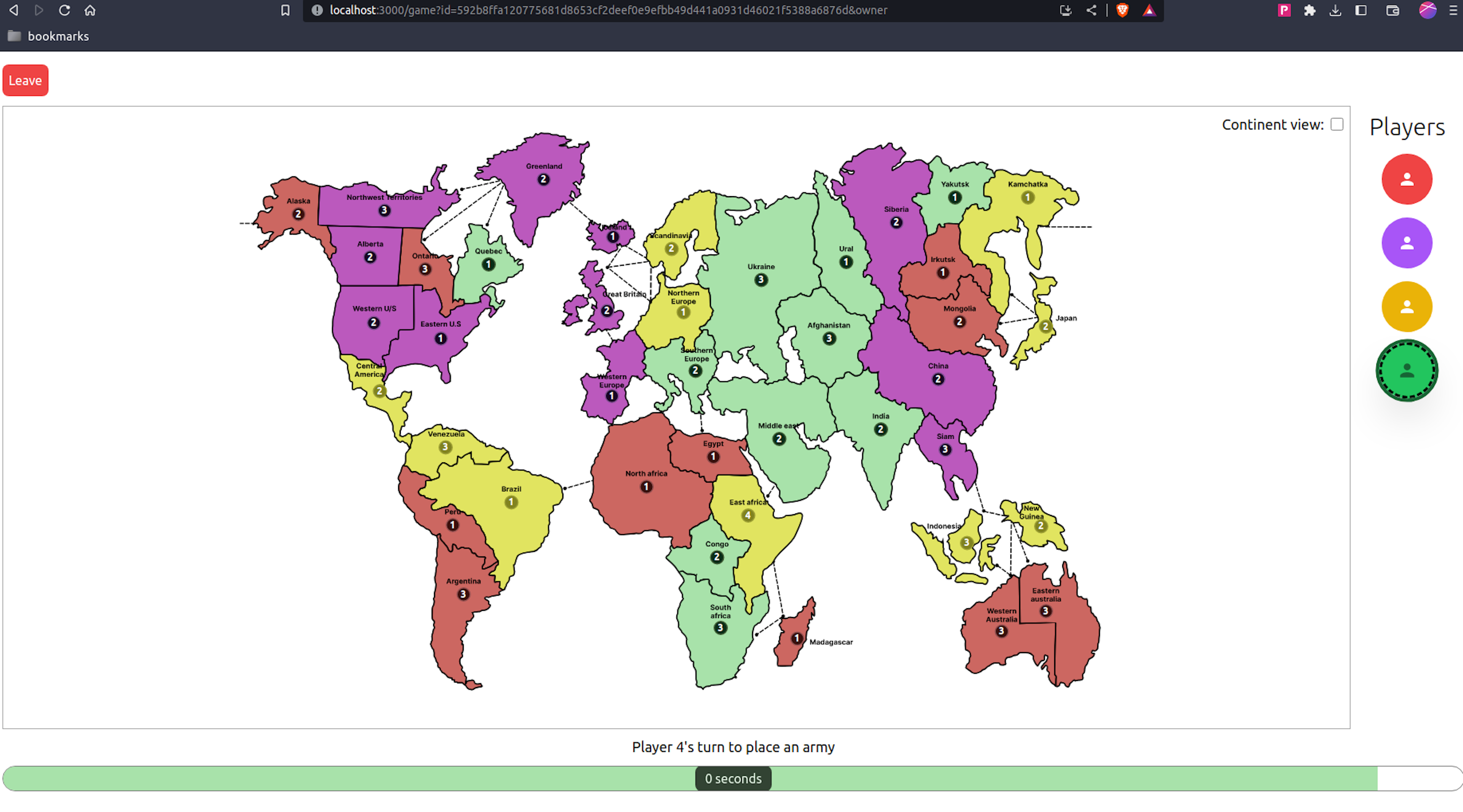 This is a multiplayer version of the popular strategy board game: Risk. I used websockets to implement realtime communication between players and manipulated SVGs to create an interactive map.